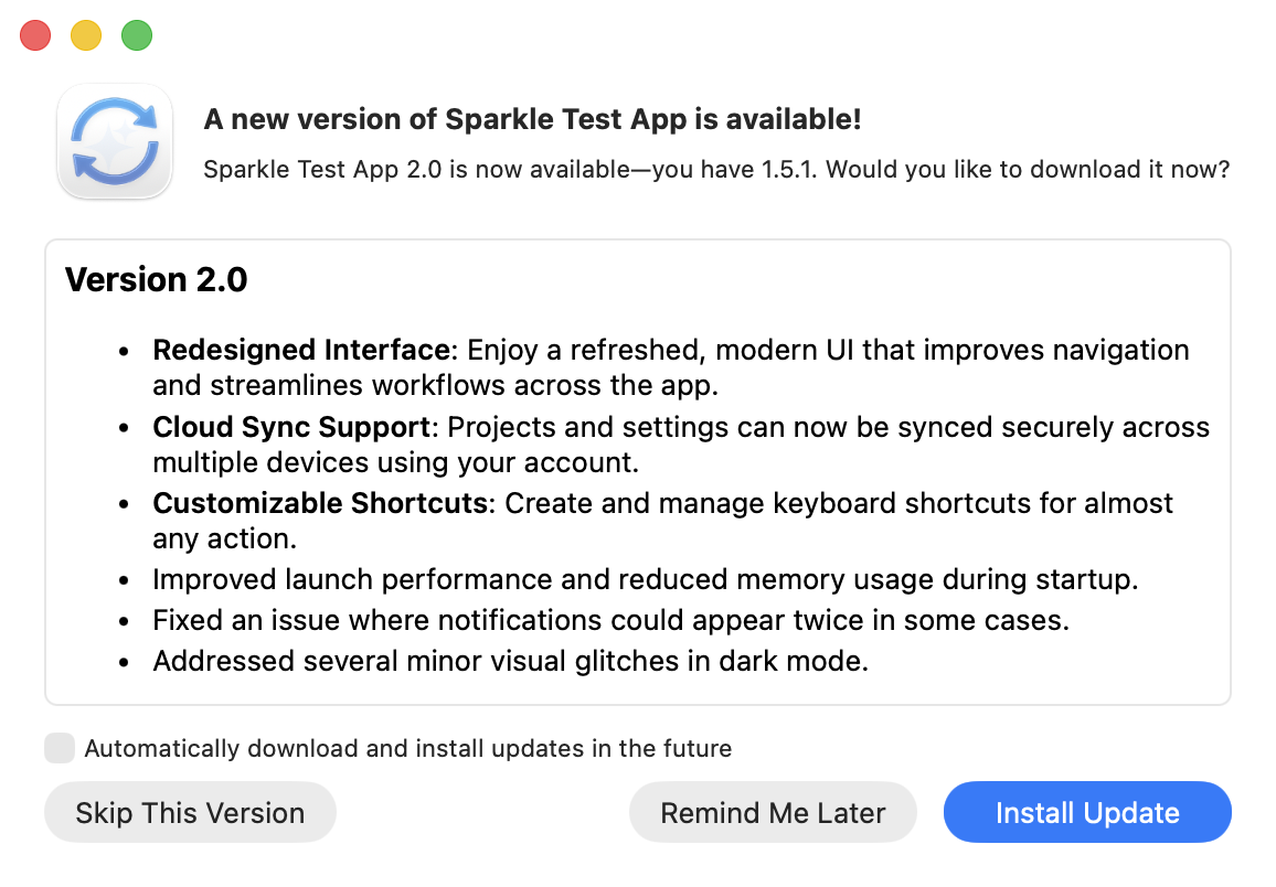 Sparkle Test App Screenshot